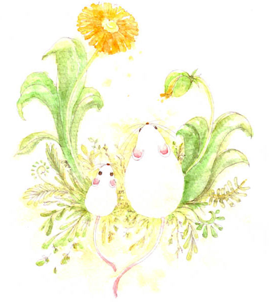 黄色い花と白ねずみのイラスト